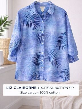 Liz Claiborne LizSport Tropical Shirt Blue Palm Print Cotton Button Up Size L
